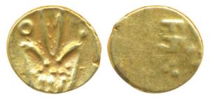 Vira Raya, Coorg, Gold Fanam, 0.38g, obv. stylized lion standing right with crescent above