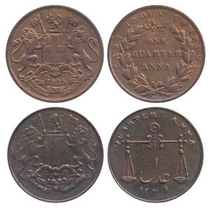Copper ¼ Anna 1833, obv. coat of arms of the EIC and date below, rev. scales with date AH 