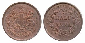 Copper ½ Anna 1845, obv. coat of arms of the EIC and date below, rev. value within wreath,