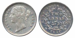 Victoria Queen, Silver 2 Annas, 1841, divided legend, Calcutta Mint, WW raised, 9 Berries 