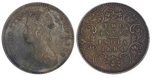 Victoria Empress, Silver 2 Annas, 1884, Calcutta Mint, B / II / C incuse, (Prid 499). Very