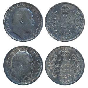 Edward VII, Silver ½ Rupee (2), 1907 & 1910, Calcutta Mint, No mint mark, (Prid 311 & 314)