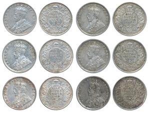 George V, ½ Silver Rupee, 1916 & 1936 Bombay Mint (Prid 340, 350); 1921, 1929, 1934, Calcu