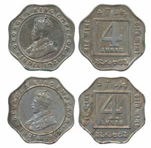 George V, Cupro-Nickel 4 Annas (2), 1919, Bombay Mint (Prid 877); 1920, Calcutta Mint (Pri