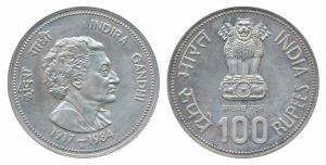 1984, Proof Silver Rupees 100, Bombay Mint, Death of Indira Gandhi. Proof.