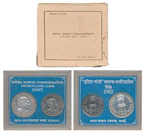 1985 Uncirculated Set, Death of Indira Gandhi, set of 2, Rupees 20 and 100. In near immacu