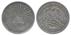 Mexico, Silver 8 Reales, 27g, 1901, eagle holding a snake in its beak (KM 377.10). Extreme