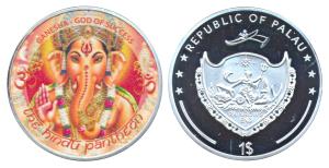 Palau, Silver plated on Cupro-nickel Dollar, obv. Coloured Ganesha with legend below; rev.