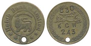 Habib Bank, Cash Withdrawal token, Copper, rev. impressed 830 KCW. Pre-independence issue.