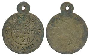 Indian Railways, Western railway vendor pass. Bronze, obv. W. R. Vendor No. 20 (Western ra