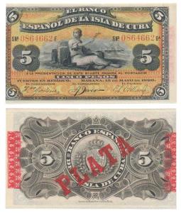 Cuba, Banco Espanol, Cinco / 5 Pesos, 1896, Habana. About Uncirculated.