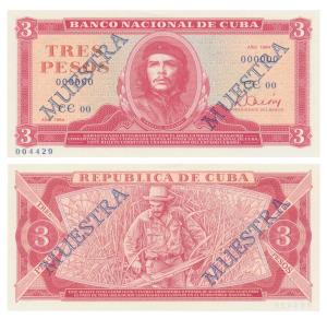 Cuba, 3, Pesos, Musetra (Specimen) overprint in blue on both sides. Uncirculated