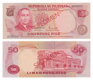 Philippines, 50 Peso, Specimen Specimen. Uncirculated, Rare.
