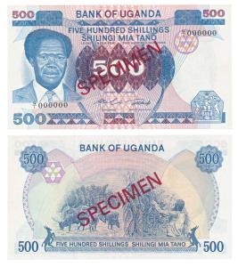 Uganda, 500 Shillings, Specimen, watermark Palm of the hand, ND 1983 (KM 22). Uncirculated