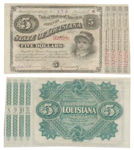 United States of America, State of Louisiana, Five Dollars, 1878. Uncirculated.