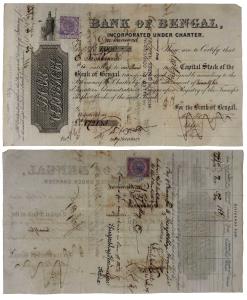 Bank of Bengal, Share Certificate, one share of 1000 Government Rupees, January 1875 (date