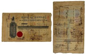 Bank of Bengal, Share Certificate, one share of 1000 Rupees, August 1887 (dated on the fro