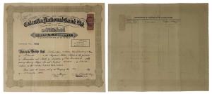 Calcutta National Bank Limited, Share certificate for One hundred shares, 1946. Extremely 