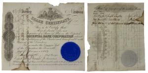 Oriental Bank, one share certificate of 25 pounds, August 1853 (dated in the front) The ba