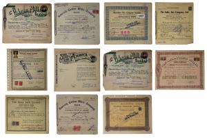 A collection of various Company Share certificates held by and issued in the names of Bank