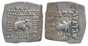 Indo-Greeks, Apollodotus I, Silver Square Drachm, 2.38g, Bilingual series, obv. Bacillios 
