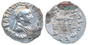 Indo-Greeks, Menander I, Silver Drachm, 2.46g, Bilingual series, obv. diademed and draped 