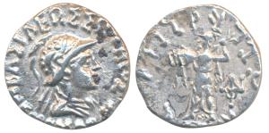 Indo-Greeks, Menander I, Silver Drachm, 2.36g, obv. helmeted bust of the king to right wit