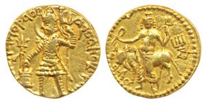 Kushanas, Vasudeva I, Gold Dinara, 7.96g, obv. king standing facing, head left, flames on 
