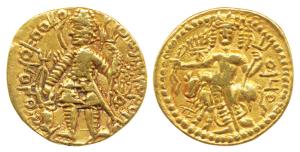 Kushanas, Vasudeva I, Gold Dinara, 7.81g, obv. king standing facing, head left, flames on 