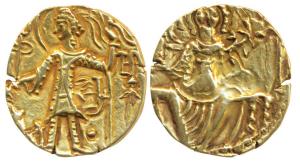 Kushanas, Shaka (c. 305-335 AD), Gold Dinar, 7.81g, obv. king nimbate standing left, holdi