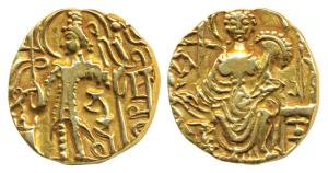 Kushanas, Kipanada (340-360 AD), Gold Dinar, 7.69g, obv. king nimbate standing left, holdi