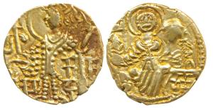 Kidara Kushanas (c. 4th century AD), Base Gold Dinar, 7.80g, obv. king nimbate standing fa