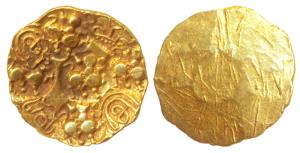 Chalukyas of Kalyani, Anonymous, Punch Marked Gold Gadyana, 3.65g, obv. a total of nine pu