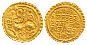 Kadambas of Goa, Jayakeshi III (1187-1225 AD), Gold Gadyana, 4.25g, obv. a majestic lion s