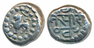 Chowhans of Ranthambhor, Jaitra Simha (c. 1275 AD), Silver Dramma, 4.0g, obv. lion facing 