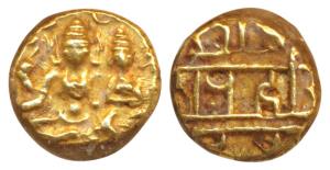Vijaynagar Empire, Hari Hara II, Gold ½ Pagoda, 1.68g, obv. Shiva-Paravati seated, Siva ho