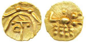 Tanjavore, Venkoji, Gold Fanam, 0.38g, ’Kali’ design with letter ‘Ve’ on obv., stylized la