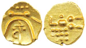 Tanjavore, Venkoji, Gold Fanam, 0.38g, ’Kali’ design with letter ‘Ve’ on obv., stylized la