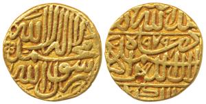 Akbar, Gold Mohur, 10.84g, Dar-ul-Mulk Hazrat Delhi Mint, AH 979, obv. Kalima within circl
