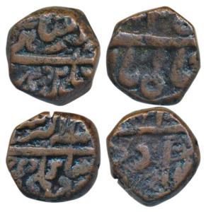 Akbar, Copper 1/8 Dam or Damri (2), 2.52g, Dehli Mint, Akbar Shahi type, Ilah type, both Y