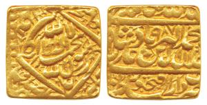 Akbar, Square Gold Mohur, 10.97g, Dar us-Sultanate Fathpur Mint, AH 987, Kalima type (KM 1