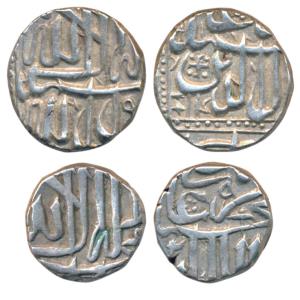 Akbar, Silver Mahmudi and ½ Mahmudi, 5.66g and 2.84g, Mulher Mint, Baglana issue, Kalima t