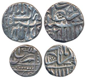 Akbar, Silver Mahmudi and ½ Mahmudi, 5.60g and 2.82g, Mulher Mint, Baglana issue, Kalima t