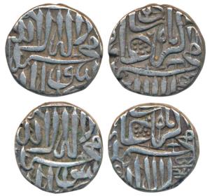 Akbar, Silver Mahmudi, 5.44g & 5.6g, Mulher Mint, Baglana issue, Kalima type (KM 72.1). Ve