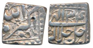 Akbar, Silver Square ½ Rupee, 5.27g, Mintless and Monthless variety, Ilahi Year 34 (KM 63.