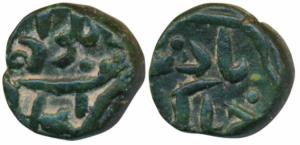 Jahangir, Copper Trambiya, 3.10g, Delwara Mint, Jahangir Badshah on obv; & rev. Zarb Delwa