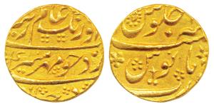 Aurangzeb, Gold Mohur, 11.02g, Surat Mint, rosettes in place of the Hijri Year (KM 315.45)