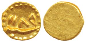 Gold ½ Fanam, 0.19g, in the name of Shah Ali Gauhar (Shah Alam II), mint name off flan, AH