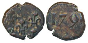 Mahe issue, Copper Biche, 6.21g, obv. fleur de lis, rev. date 179X (KM 64). Very Fine+, Ra