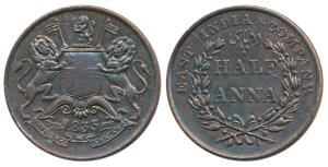 Copper ½ Anna, 1835, obv. coat of arms of the EIC and date below, rev. value within wreath